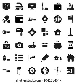 Flat vector icon set - fetlock vector, mop, toilet brush, paper, pencil, world, constellation, graph, wallet, sand clock, medal, pills, port, dry cargo, flammable, camera, diagnostic monitor, router