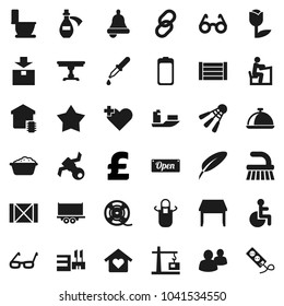 Flat vector icon set - fetlock vector, toilet, foam basin, apron, dish, pen, glasses, student, bell, pound, shuttlecock, satellite, ship, truck trailer, wood box, tulip, package, film spool, link