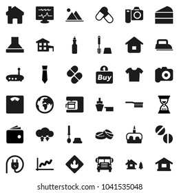 Flat vector icon set - fetlock vector, toilet brush, cake, oil, school bus, graph, wallet, sand clock, tie, scales, pills, earth, port, flammable, camera, diagnostic monitor, cloud exchange, router