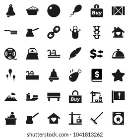 Flat vector icon set - fetlock vector, rake, foam basin, kettle, apron, turk coffee, dish, chicken leg, pen, student, bell, exchange, annual report, fitball, attention, traffic light, ship, wood box