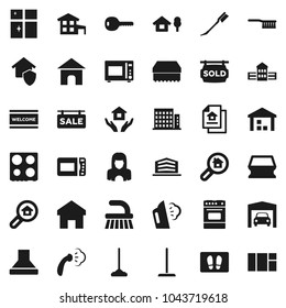 Flat vector icon set - fetlock vector, mop, sponge, car, welcome mat, steaming, shining window, house hold, cleaner woman, microwave oven, school building, warehouse, home, cottage, chalet, garage