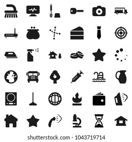 Flat vector icon set - fetlock vector, mop, steaming, toilet brush, sprayer, jug, cake, microscope, school bus, world, constellation, wallet, sand clock, tie, target, pool, earth, flammable, camera