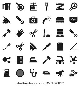 Flat vector icon set - fetlock vector, sponge, car, iron, steaming, toilet brush, rubber glove, pan, measuring cup, cook press, whisk, ladle, rolling pin, meat hammer, cutting board, grater, sieve