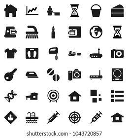 Flat vector icon set - fetlock vector, bucket, cake, oil, graph, sand clock, scales, target, pool, earth, port, flammable, dna, syringe, pills, router, home, loading, house, cottage, clothes, menu