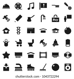 Flat vector icon set - fetlock vector, rake, toilet, apron, skimmer, turk coffee, dish, pencil, blackboard, bell, music, fitball, shorts, roller Skates, attention, traffic light, truck trailer, barn