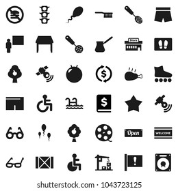 Flat vector icon set - fetlock vector, welcome mat, skimmer, turk coffee, chicken leg, blackboard, glasses, exchange, annual report, fitball, shorts, roller Skates, no fastfood, attention, wood box