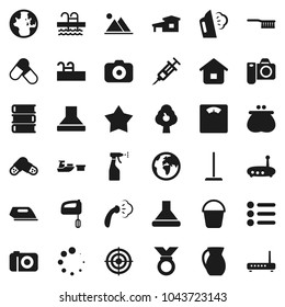 Flat vector icon set - fetlock vector, mop, bucket, steaming, sprayer, jug, book, world, scales, target, medal, pills, pool, earth, port, camera, syringe, router, loading, cottage, fruit tree, home