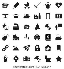 Flat vector icon set - fetlock vector, rake, welcome mat, toilet, kettle, apron, chicken leg, pencil, blackboard, bell, annual report, roller Skates, shuttlecock, ship, dry cargo, film spool, link