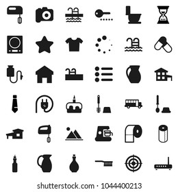 Flat vector icon set - fetlock vector, toilet, brush, paper, oil, jug, cake, school bus, sand clock, tie, target, pills, pool, camera, drop counter, home, loading, cottage, mountain, star, clothes