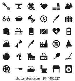 Flat vector icon set - fetlock vector, rake, toilet, foam basin, kettle, skimmer, glasses, bell, exchange, fitball, roller Skates, pool, no fastfood, wood box, film spool, satellitie, group, battery