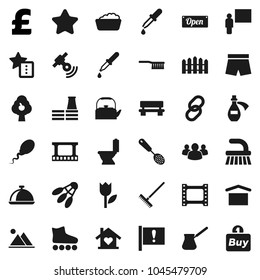 Flat vector icon set - fetlock vector, rake, toilet, foam basin, kettle, skimmer, turk coffee, dish, blackboard, pound, shorts, roller Skates, shuttlecock, attention, dry cargo, tulip, film frame