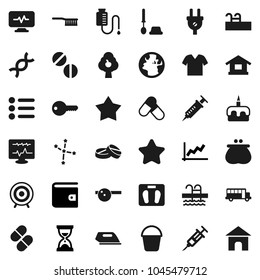 Flat vector icon set - fetlock vector, bucket, toilet brush, cake, school bus, constellation, graph, wallet, sand clock, scales, target, pills, pool, earth, dna, syringe, eye doctor hat, fruit tree