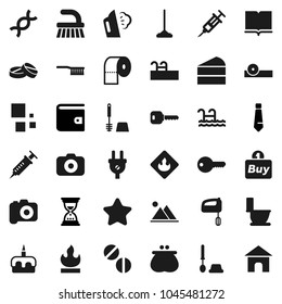 Flat vector icon set - fetlock vector, mop, steaming, toilet, brush, paper, cake, book, wallet, sand clock, tie, flammable, camera, dna, syringe, pills, eye doctor hat, loading, key, pool, mountain