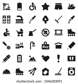Flat vector icon set - fetlock vector, rake, welcome mat, skimmer, turk coffee, dish, pencil, shorts, roller Skates, shuttlecock, no fastfood, attention, ship, dry cargo, film frame, battery, bath