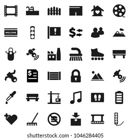 Flat vector icon set - fetlock vector, rake, welcome mat, apron, music, exchange, annual report, shorts, roller Skates, no fastfood, attention, satellite, traffic light, wood box, package, spool