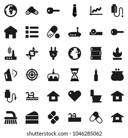 Flat vector icon set - fetlock vector, steaming, toilet, cake, oil, book, graph, sand clock, tie, target, pills, earth, flammable, heart, dna, eye doctor hat, drop counter, router, home, key, house