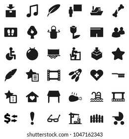 Flat vector icon set - fetlock vector, welcome mat, apron, chicken leg, pen, blackboard, glasses, student, music, exchange, fitball, shorts, shuttlecock, pool, attention, ship, truck trailer, tulip