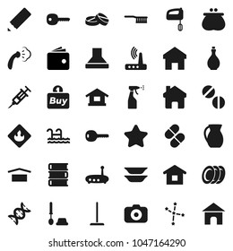 Flat vector icon set - fetlock vector, mop, steaming, toilet brush, sprayer, oil, plates, jug, book, pencil, constellation, wallet, dry cargo, flammable, camera, dna, syringe, pills, router, home