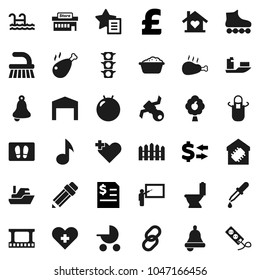 Flat vector icon set - fetlock vector, welcome mat, toilet, foam basin, apron, chicken leg, pencil, blackboard, bell, music, exchange, annual report, pound, fitball, roller Skates, satellite, ship