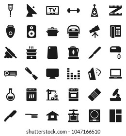 Flat vector icon set - fetlock vector, steaming, pan, cook press, spatula, knife, rolling pin, cutting board, oven, telescope, microscope, notebook pc, barbell, measuring, satellite antenna, tv