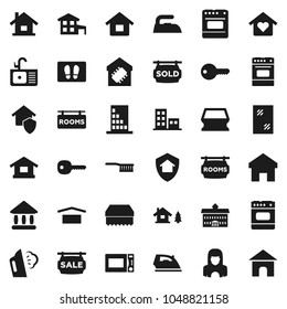 Flat vector icon set - fetlock vector, sponge, window cleaning, welcome mat, iron, steaming, sink, cleaner woman, microwave oven, university, dry cargo, home, key, house, cottage, chalet, rooms
