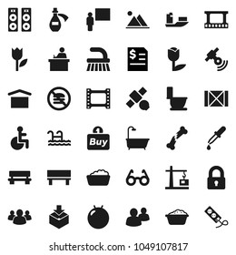 Flat vector icon set - fetlock vector, toilet, foam basin, blackboard, glasses, student, annual report, fitball, no fastfood, satellite, ship, wood box, dry cargo, tulip, package, film frame, group