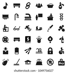 Flat vector icon set - fetlock vector, rake, foam basin, kettle, apron, chicken leg, blackboard, glasses, student, music, annual report, shuttlecock, pool, no fastfood, satellite, traffic light, buy