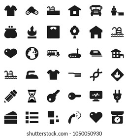 Flat vector icon set - fetlock vector, iron, steaming, cake, pencil, school bus, sand clock, scales, pool, earth, port, flammable, heart, dna, pills, diagnostic monitor, router, home, loading, key