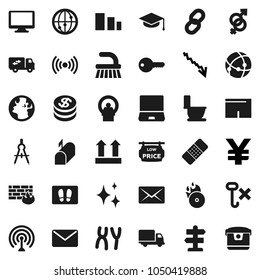 Flat vector icon set - fetlock vector, shining, welcome mat, toilet, graduate hat, drawing compass, crisis, yen sign, shorts, signpost, earth, delivery, top, no hook, sorting, music hit, antenna