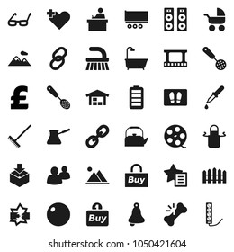 Flat vector icon set - fetlock vector, rake, welcome mat, kettle, apron, skimmer, turk coffee, glasses, student, bell, pound, fitball, truck trailer, package, film frame, spool, link, group, battery