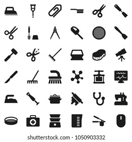 Flat vector icon set - fetlock vector, rake, sponge, iron, toilet brush, pan, measuring cup, cook press, spatula, rolling pin, meat hammer, double boiler, sieve, drawing compass, telescope, scissors