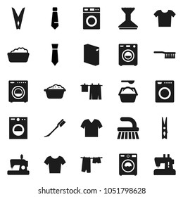 Flat vector icon set - fetlock vector, clothespin, car, drying clothes, washer, foam basin, washing powder, tie, t shirt, sewing machine