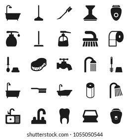 Flat vector icon set - fetlock vector, mop, sponge, water tap, car, bath, toilet brush, liquid soap, paper, shower, sink, tooth, epilator