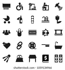 Flat vector icon set - fetlock vector, welcome mat, kettle, apron, student, annual report, shuttlecock, pool, traffic light, truck trailer, tulip, film frame, spool, satellitie, link, group, potion