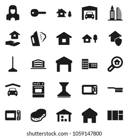 Flat vector icon set - fetlock vector, mop, sponge, car, steaming, house hold, cleaner woman, oven, school building, warehouse, home, key, chalet, garage, office, search estate, protect, microwave