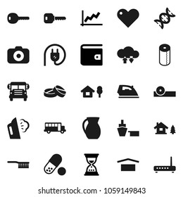 Flat vector icon set - fetlock vector, iron, steaming, toilet paper, jug, school bus, graph, wallet, sand clock, pills, port, dry cargo, camera, heart, dna, eye doctor hat, cloud exchange, key