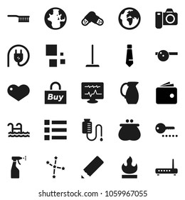 Flat vector icon set - fetlock vector, mop, sprayer, jug, pencil, world, constellation, wallet, tie, earth, flammable, heart, pills, eye doctor hat, diagnostic monitor, drop counter, loading, pool