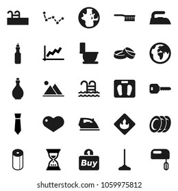 Flat vector icon set - fetlock vector, mop, iron, toilet, paper, oil, plates, world, constellation, graph, sand clock, tie, scales, pool, earth, flammable, heart, pills, key, mountain, buy, mixer