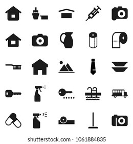 Flat vector icon set - fetlock vector, mop, sprayer, toilet paper, plates, jug, school bus, tie, pills, pool, port, dry cargo, camera, syringe, eye doctor hat, home, key, house, mountain, password