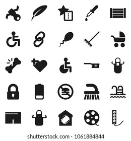 Flat vector icon set - fetlock vector, rake, apron, pen, shorts, pool, no fastfood, satellite, wood box, film spool, link, battery, disabled, heart cross, dropper, broken bone, sperm, favorites