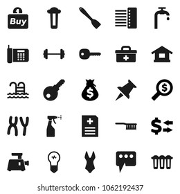 Flat vector icon set - fetlock vector, sprayer, spatula, exchange, money bag, search, barbell, swimsuite, pool, thumbtack, doctor, chromosomes, anamnesis, hub, message, key, water supply, buy, phone