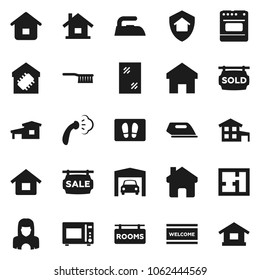 Flat vector icon set - fetlock vector, window cleaning, welcome mat, iron, steaming, cleaner woman, microwave oven, home, house, cottage, garage, plan, sale signboard, rooms, sold, smart, protect
