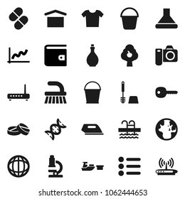 Flat vector icon set - fetlock vector, bucket, toilet brush, oil, microscope, world, graph, wallet, pool, port, dry cargo, dna, pills, key, fruit tree, clothes, menu, iron, hood, camera, router