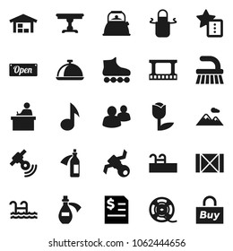 Flat vector icon set - fetlock vector, kettle, apron, dish, student, music, annual report, roller Skates, satellite, wood box, tulip, film frame, spool, satellitie, group, potion, favorites, pool
