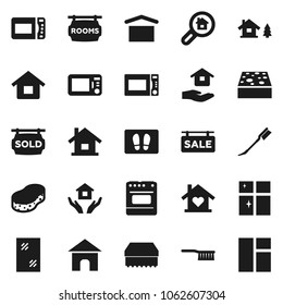 Flat vector icon set - fetlock vector, sponge, car, window cleaning, welcome mat, shining, house hold, microwave oven, dry cargo, chalet, sale signboard, rooms, sold, search estate, love home