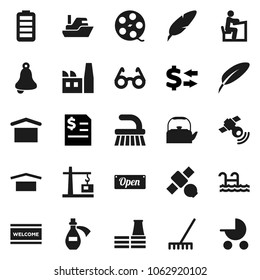 Flat vector icon set - fetlock vector, rake, welcome mat, kettle, pen, glasses, student, bell, exchange, annual report, satellite, ship, dry cargo, film spool, satellitie, battery, potion, pool