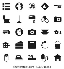 Flat vector icon set - fetlock vector, mop, bucket, toilet, paper, plates, cake, school bus, world, scales, pills, pool, earth, flammable, camera, drop counter, loading, cottage, chalet, menu, iron