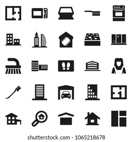 Flat vector icon set - fetlock vector, sponge, car, welcome mat, shining window, cleaner woman, oven, school building, dry cargo, house, cottage, garage, plan, apartments, office, search estate