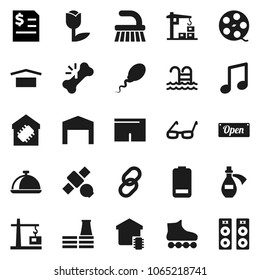 Flat vector icon set - fetlock vector, dish, glasses, music, annual report, shorts, roller Skates, pool, satellite, dry cargo, tulip, film spool, link, battery, broken bone, potion, sperm, barn