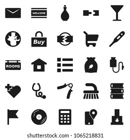 Flat vector icon set - fetlock vector, welcome mat, oil, cereal, book, world, flag, hand trainer, heart cross, traking, glass, disk, thermometer, stethoscope, drop counter, mail, connection, buy